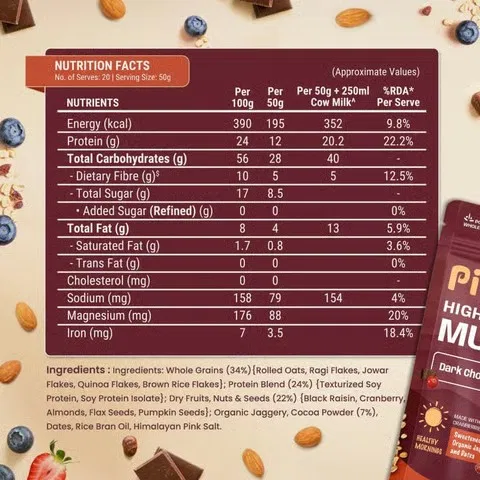 Pintola High Protein Muesli With Dark Chocolate and Cranberry 24g Protein, No Refined Sugar