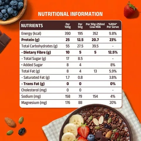 Pintola High Protein Muesli With Dark Chocolate and Cranberry 24g Protein, No Refined Sugar
